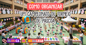 Como Organizar um Torneio de Páscoa Criativo e Divertido: Guia Passo a Passo "Crianças participando de um torneio de Páscoa em um pátio escolar decorado, com corrida do ovo na colher, obstáculos coloridos, coelhos de Páscoa e mesa com medalhas personalizadas."